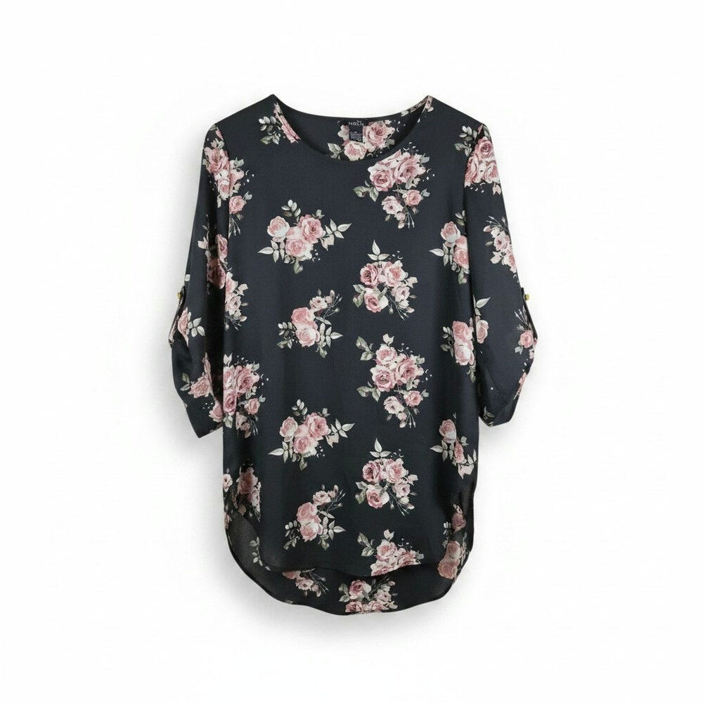 rue21 Floral Rose Sheer Chiffon Roll Tab Sleeve High Low Tunic Top Black S Boho